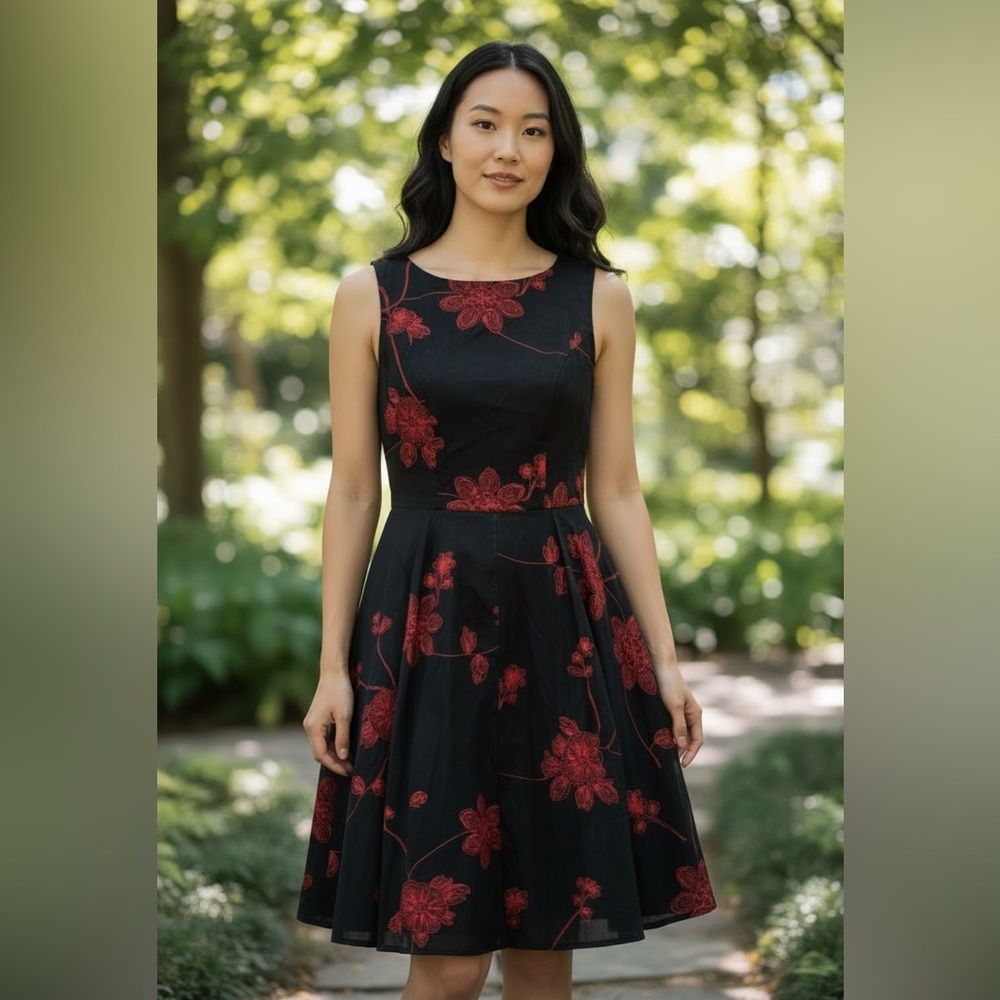 Anni Coco Black and Red  Floral Vintage Style 1950 Swing Whimsigoth Dress Size M